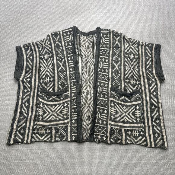 Vintage Wool Boho Poncho Vest w/ Pockets Drop Shoulder Cardigan Southwest Print - Picture 2 of 5